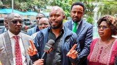 File image of Gatundu South Member of Parliament Gabriel Kagombe flanked by other politicians at a past media briefing