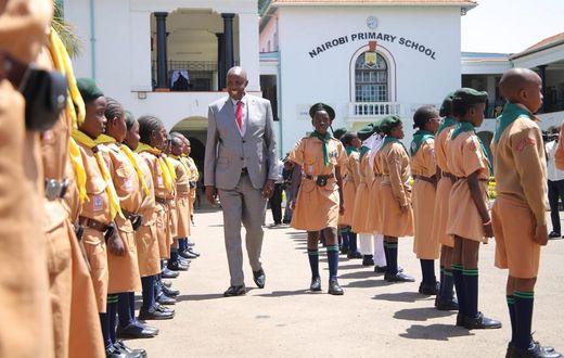 Education CS Ezekiel Machogu at Nairobi Primary school where he led education stakeholders during monitoring of the opening of Junior Secondary School(JSS) and distribution of textbooks for grade 7.