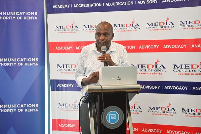 Media Council CEO David Omwoyo speaking during the launch of the State of the Media Report 2022