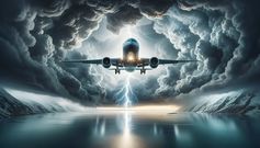 An AI generated scene depicting a commercial airplane being struck by lightning in the sky