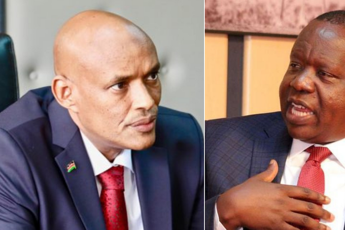 A collage photo of DCI Director Mohamed Amin and former CS Fred Matiang'i
