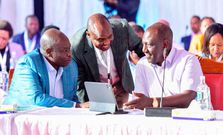 President William Ruto DP Rigathi Gachagua and Head of Public Service Felix Koskei during the Cabinet Secretaries Retreat at Fairmont Mount Kenya Safari Club