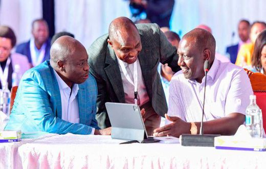 President William Ruto DP Rigathi Gachagua and Head of Public Service Felix Koskei during the Cabinet Secretaries Retreat at Fairmont Mount Kenya Safari Club