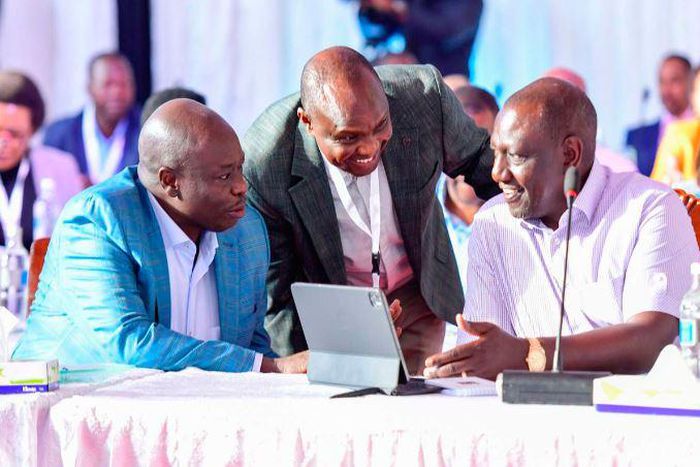 President William Ruto DP Rigathi Gachagua and Head of Public Service Felix Koskei during the Cabinet Secretaries Retreat at Fairmont Mount Kenya Safari Club