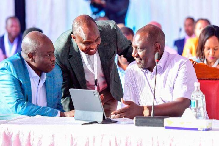 President William Ruto DP Rigathi Gachagua and Head of Public Service Felix Koskei during the Cabinet Secretaries Retreat at Fairmont Mount Kenya Safari Club