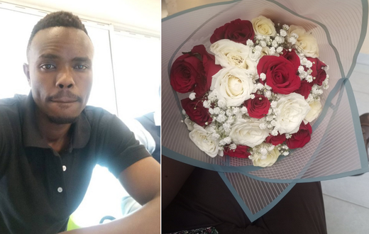 A collage of Kevin Mboya and a bouquet of flowers