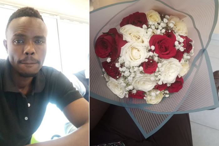 A collage of Kevin Mboya and a bouquet of flowers