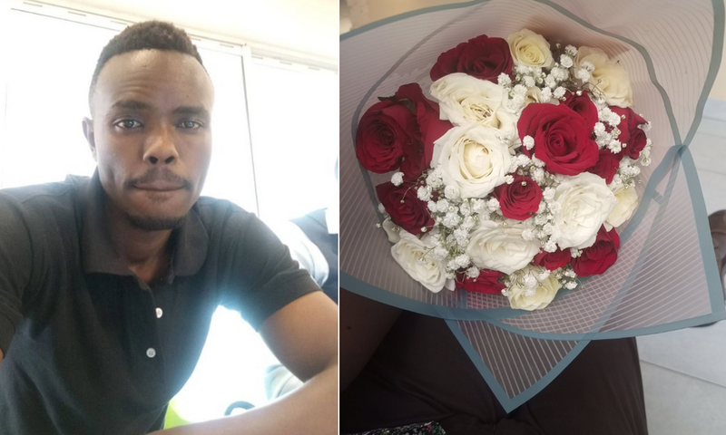 A collage of Kevin Mboya and a bouquet of flowers