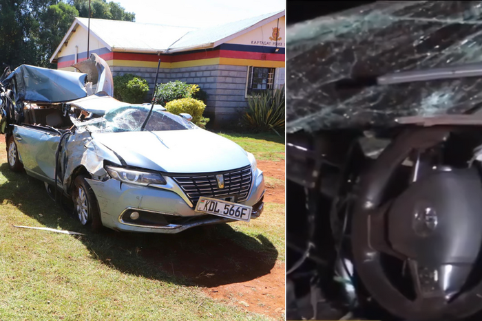 Wreckage of the Toyota Premio that Kelvin Kiptum was driving
