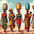An AI-generated image of African women walking on a dusty road