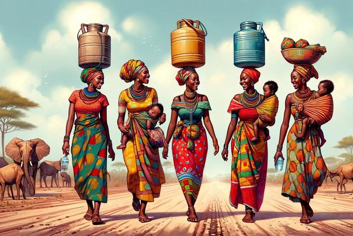 An AI-generated image of African women walking on a dusty road