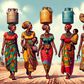 An AI-generated image of African women walking on a dusty road