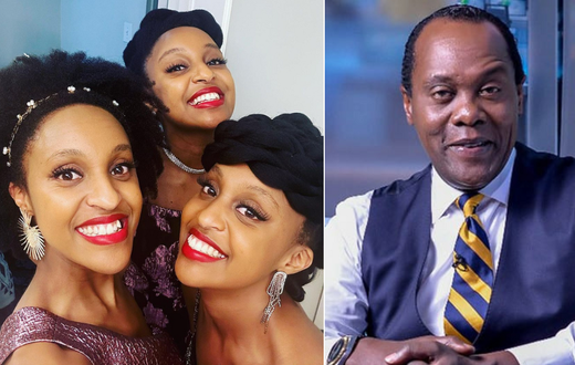 From left: Moipei triplets and Citizen TV news anchor Jeff Koinange