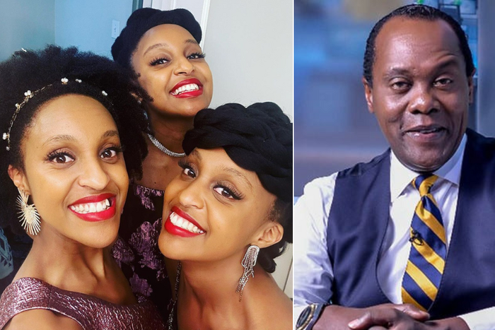 From left: Moipei triplets and Citizen TV news anchor Jeff Koinange