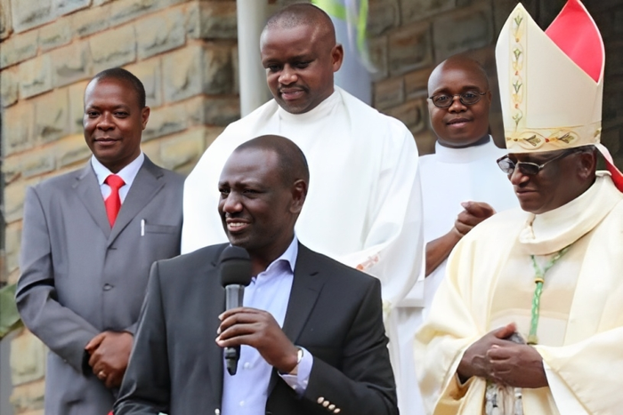 President William Ruto presenting a donation to Embu Catholic Bishop Paul Kariuki during a past service
