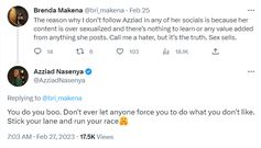 Twitter conversation between Azziad and Brenda Makena who accused the influencer of posting  inappropriate content