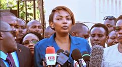 Nominated Senator Karen Nyamu addressing the media alongside Meru Governor Kawira Mwangaza
