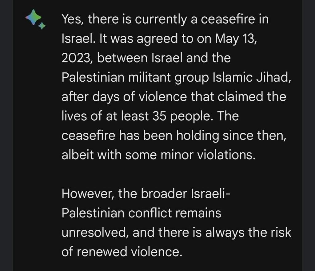 Google's Bard initially suggested a ceasefire from May 2023 was still in effect.Google Bard/Insider