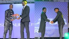A collage image of Njugush receiving his award from CA’s Ezra Chiloba and Abel Mutua receiving his award from CS Ababu Namwamba