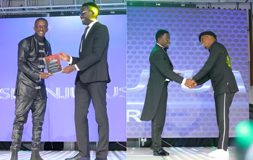 A collage image of Njugush receiving his award from CA’s Ezra Chiloba and Abel Mutua receiving his award from CS Ababu Namwamba