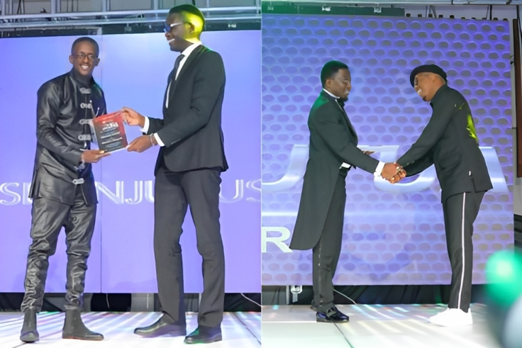 A collage image of Njugush receiving his award from CA’s Ezra Chiloba and Abel Mutua receiving his award from CS Ababu Namwamba