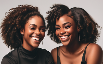 An AI-generated image of two ladies sitting close to each other and smiling at each other