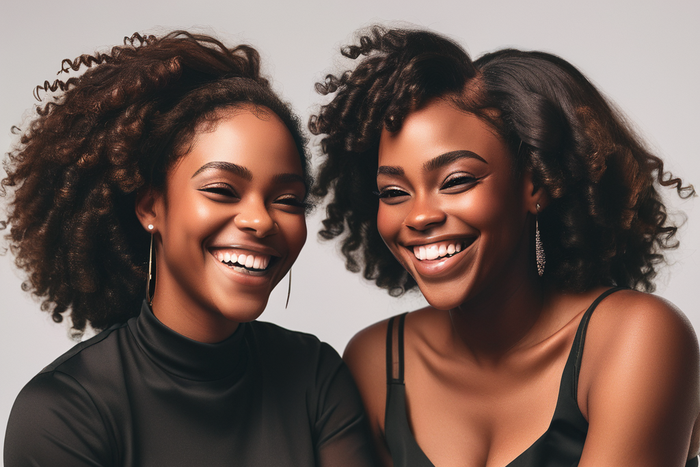 An AI-generated image of two ladies sitting close to each other and smiling at each other