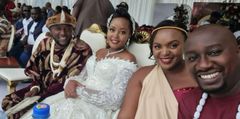 Citizen TV's Stephen Letoo (far left) poses for a photo alongside his wife Irene Letoo (centre) and NTV's Kennedy Mureithi (right)