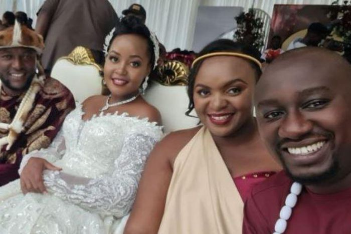 Citizen TV's Stephen Letoo (far left) poses for a photo alongside his wife Irene Letoo (centre) and NTV's Kennedy Mureithi (right)