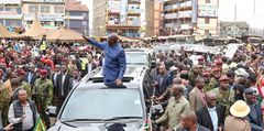 President William Ruto addressing a roadside rally in Githurai, Kiambu country as he started his five-day working visit of Mount Kenya region