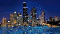 Modern city with smart 5G wireless communication network concept