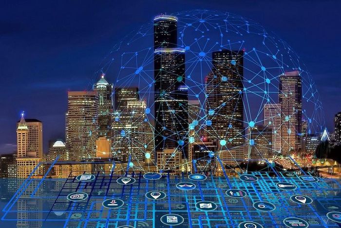 Modern city with smart 5G wireless communication network concept