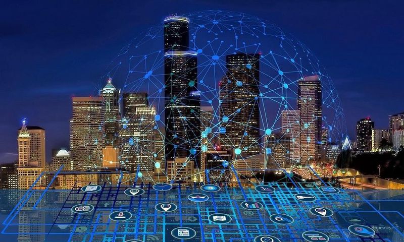 Modern city with smart 5G wireless communication network concept