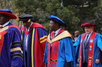 Mt Kenya University Chair Simon Gicharu, Speaker Moses Wetangula and ICC Chief Prosecutor Karim Khan at the university's graduation ceremony on August 4, 2023
