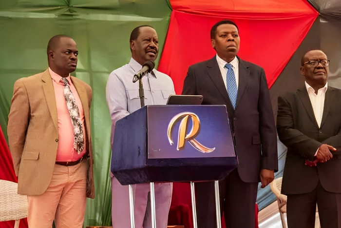 Azimio leaders led by Raila Odinga addressing the media at the Jaranmogi Oginga Odinga Foundation offices