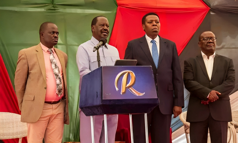 Azimio leaders led by Raila Odinga addressing the media at the Jaranmogi Oginga Odinga Foundation offices