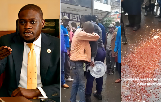 Nairobi Governor Johnson Sakaja with Ndagire Renova, the young trader caught up in an unfortunate incident during routine enforcement by Nairobi City County Government security and compliance officers on Tuesday.