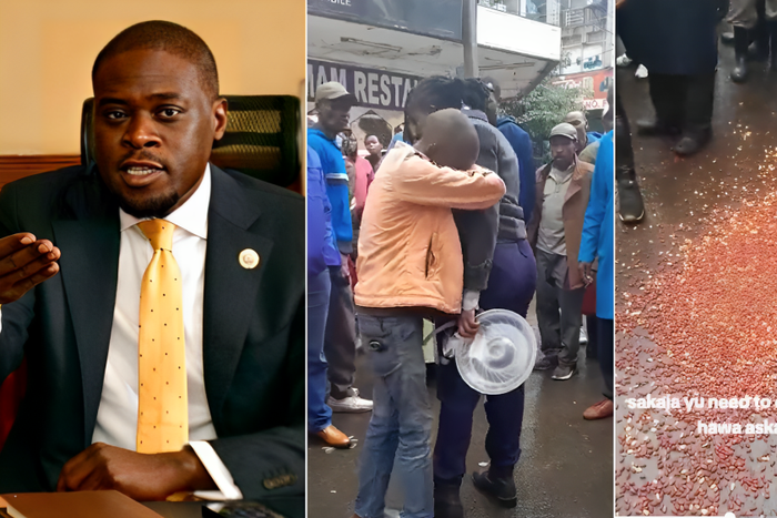 Nairobi Governor Johnson Sakaja with Ndagire Renova, the young trader caught up in an unfortunate incident during routine enforcement by Nairobi City County Government security and compliance officers on Tuesday.