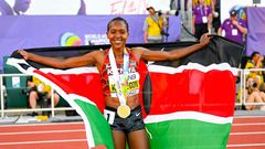 Faith Kipyegon after successfully defending her World Championships title in Oregon
