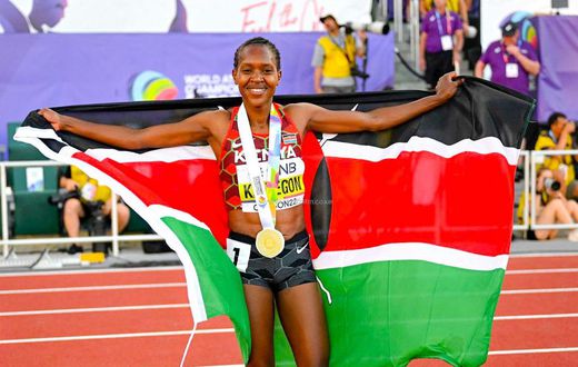 Faith Kipyegon after successfully defending her World Championships title in Oregon