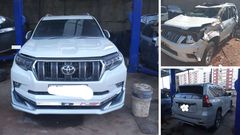 A collage of before and after photos of a Toyota Prado that was restored after being involved in an accident