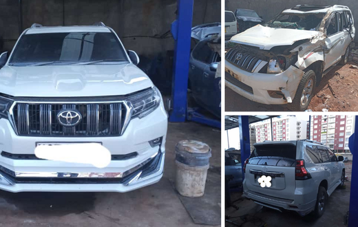 A collage of before and after photos of a Toyota Prado that was restored after being involved in an accident