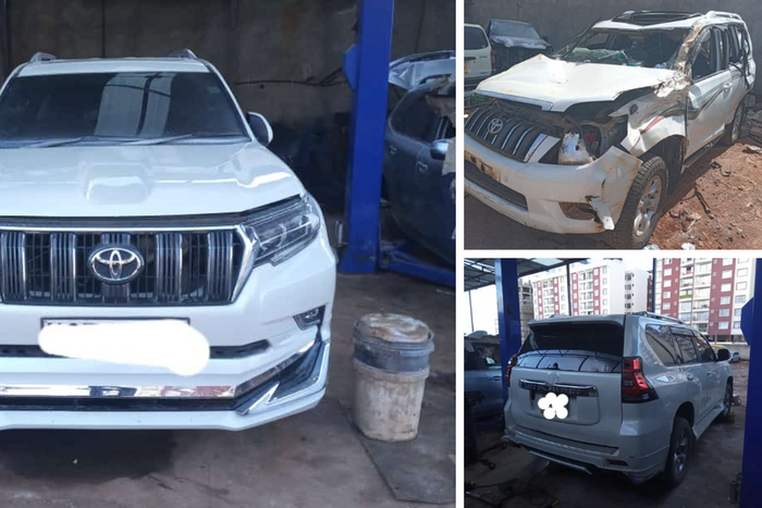 A collage of before and after photos of a Toyota Prado that was restored after being involved in an accident