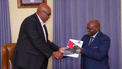 Prof Simon Gicharu as he welcomes Mwenda Njoka as Cape Media MD