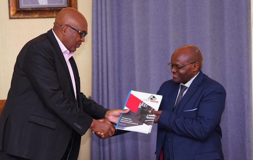 Prof Simon Gicharu as he welcomes Mwenda Njoka as Cape Media MD