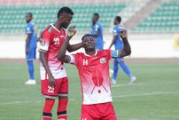 Ogada Michael Olunga (14) celebrates his goal with Abdalla Abdalla Hassan of Kenya during the 2022 World Cup Qualifier between Kenya and Rwanda at Nyayo stadium on November 15, 2022.
