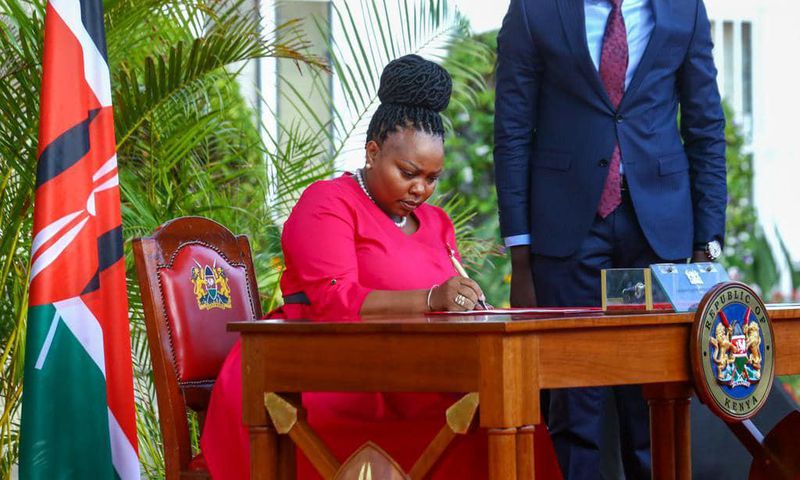 Interior CAS Millicent Omanga signs her oath of office at State House on March 23, 2023