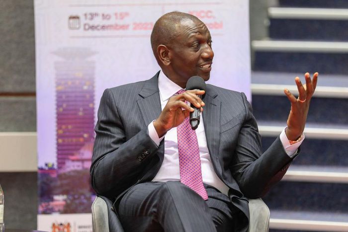 President William Ruto speaking at the Kenyatta International Convention Centre, Nairobi, during the inaugural Kenya Diaspora Investment Conference