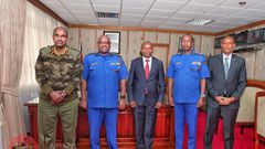 Interior Cabinet Secretary Kithure Kindiki flanked by police IG Japhet Koome, Deputy IG Edward Mbugua, Noor Gabow and DCI boss Amin Ibrahim