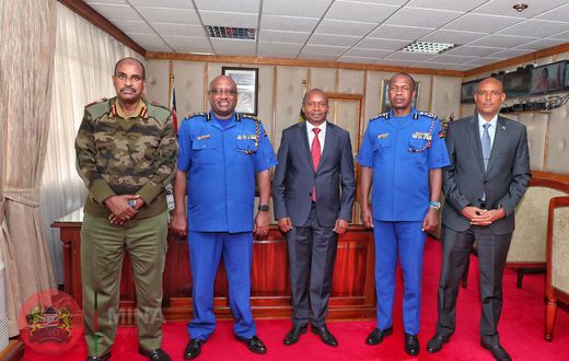Interior Cabinet Secretary Kithure Kindiki flanked by police IG Japhet Koome, Deputy IG Edward Mbugua, Noor Gabow and DCI boss Amin Ibrahim